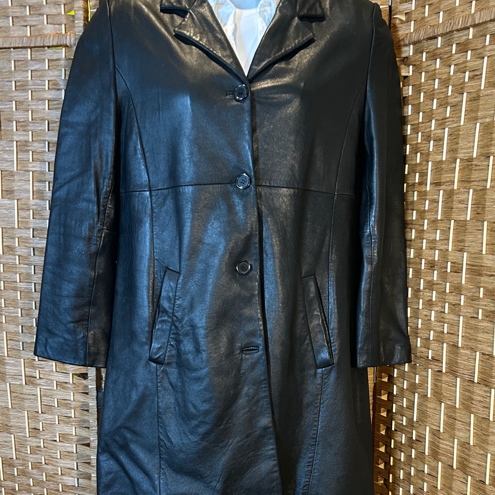 Black Genuine Leather Longline Blazer Coat Petite Large Button Front